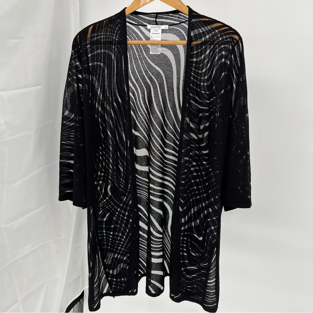 Chico’s Womens Sheer Open Front Cardigan Size XL Wave Pattern Lightweight